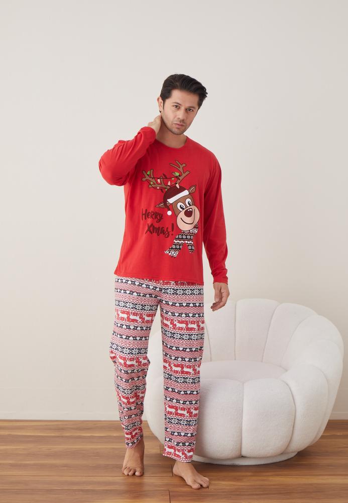 Pijama barbat Craciun maneca lunga pantaloni lungi rosu Herry Xmas ENGROS